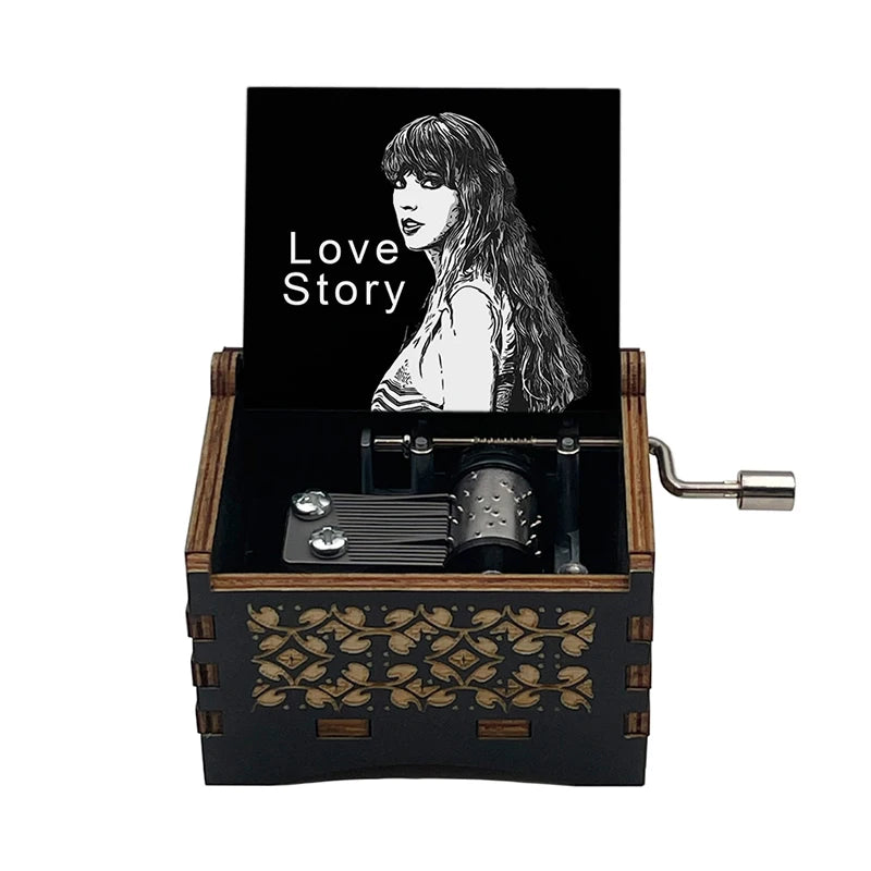 "Love Story" Hand-Crank Wooden Music Box - Taylor Swift Inspired Fan Souvenir - Laser-Engraved Portrait & Classic Lyric Motif - Premium Musical Keepsake Gift