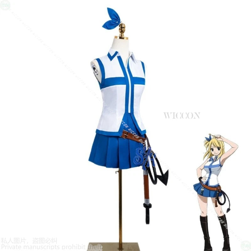 Fairy Tail Lucy Heartfilia Cosplay Costume Set - Sleeveless Top, Pleated Skirt, Belt, Whip Prop & Blonde Wig - Complete Anime Outfit for Conventions & Halloween