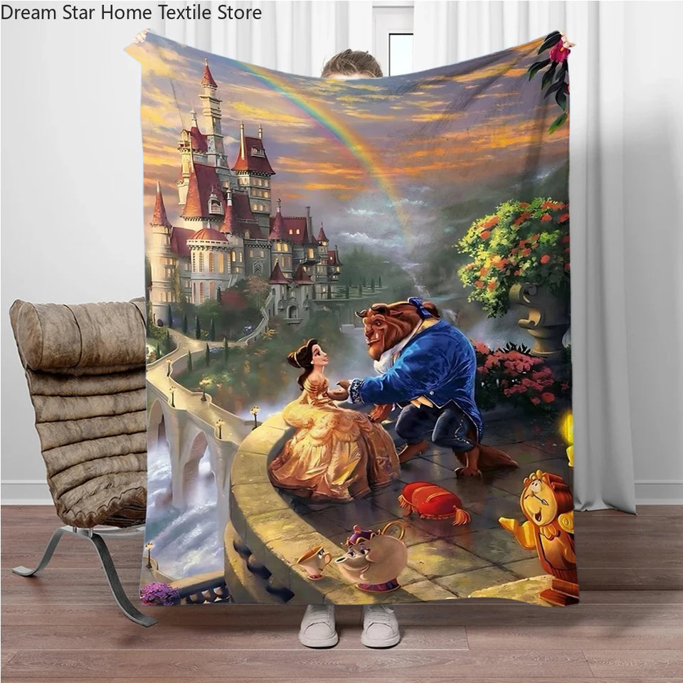Beauty and the Beast Stained Glass Throw Blanket - Enchanted Rose & Library Fleece - Ultra-Soft Disney Wedding Gift - Belle & Prince Adam Romantic Bedroom Decor - Tale as Old as Time Reversible Couch Cover