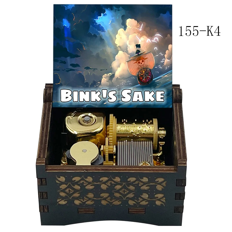 Anime Pirate Brook Wooden Music Box - Bink's Sake Engraved Hand-Crank Musical Toy - Retro Soul King Laser Etched Musicbox - Collectible Nostalgic Fan Gift for Birthday & Room Display