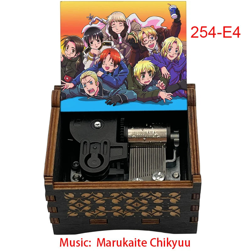 Anime Axis Powers Wooden Music Box - Vintage Hand-Crank Engraved Wooden Musical Toy - Retro Axis & Allies Character Art Print Musicbox - Collectible Nostalgic Fan Gift for Birthday & Room Display