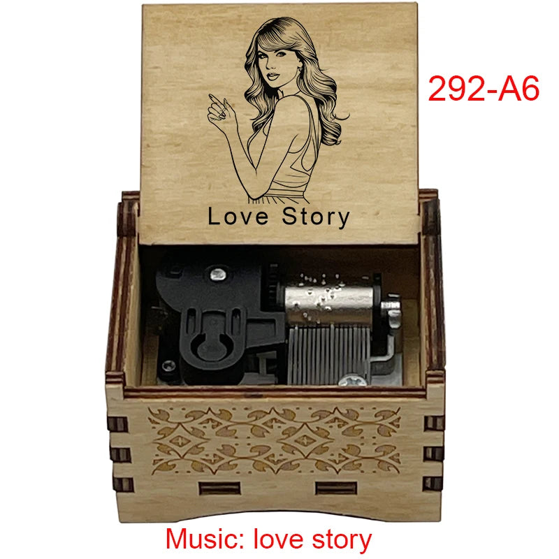 "Love Story" Hand-Crank Wooden Music Box - Taylor Swift Inspired Fan Souvenir - Laser-Engraved Portrait & Classic Lyric Motif - Premium Musical Keepsake Gift