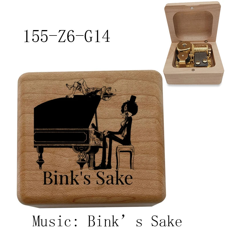 Anime Pirate Brook Wooden Music Box - Bink's Sake Engraved Hand-Crank Musical Toy - Retro Soul King Laser Etched Musicbox - Collectible Nostalgic Fan Gift for Birthday & Room Display