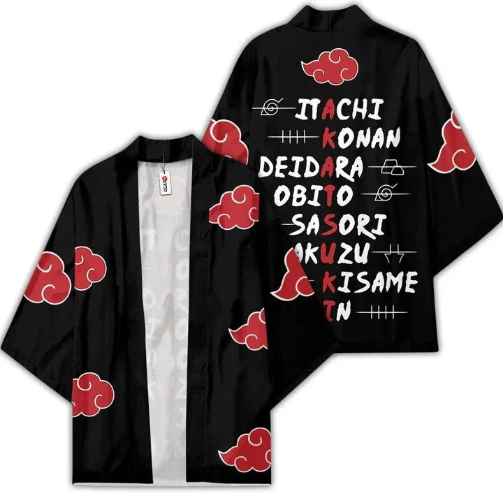 Anime Kimono Haori Cardigan Cloak - Akatsuki Red Cloud Printing Open Front Robe - Gaara Jiraiya Uchiha Unisex Graphic Yukata Jacket - Casual Streetwear Ninja Cosplay Cape Outwear