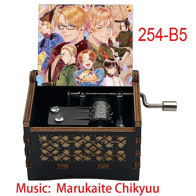 Anime Axis Powers Wooden Music Box - Vintage Hand-Crank Engraved Wooden Musical Toy - Retro Axis & Allies Character Art Print Musicbox - Collectible Nostalgic Fan Gift for Birthday & Room Display