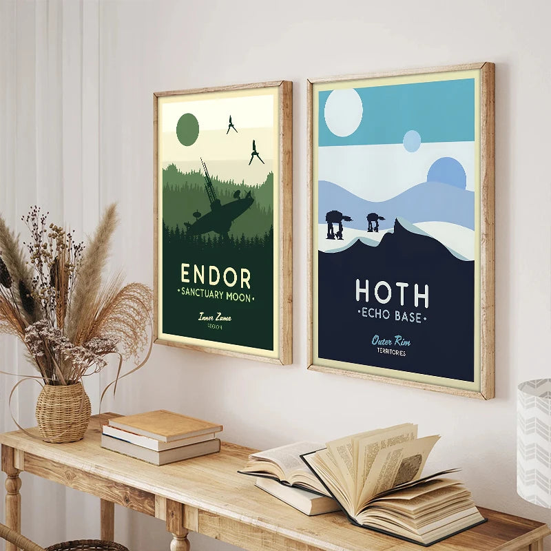 Star Wars Travel Poster Canvas Wall Art - Vintage Retro Planet Prints - Minimalist Sci-Fi Movie Decor for Home, Office, or Game Room - Naboo, Mustafar & Endor Editions