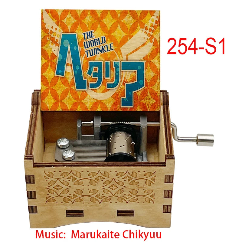 Anime Axis Powers Wooden Music Box - Vintage Hand-Crank Engraved Wooden Musical Toy - Retro Axis & Allies Character Art Print Musicbox - Collectible Nostalgic Fan Gift for Birthday & Room Display