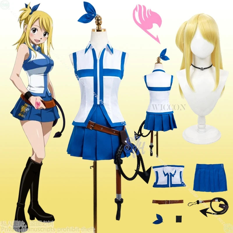 Fairy Tail Lucy Heartfilia Cosplay Costume Set - Sleeveless Top, Pleated Skirt, Belt, Whip Prop & Blonde Wig - Complete Anime Outfit for Conventions & Halloween