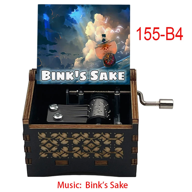 Anime Pirate Brook Wooden Music Box - Bink's Sake Engraved Hand-Crank Musical Toy - Retro Soul King Laser Etched Musicbox - Collectible Nostalgic Fan Gift for Birthday & Room Display