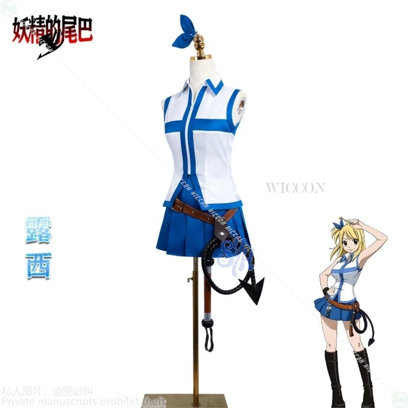 Fairy Tail Lucy Heartfilia Cosplay Costume Set - Sleeveless Top, Pleated Skirt, Belt, Whip Prop & Blonde Wig - Complete Anime Outfit for Conventions & Halloween