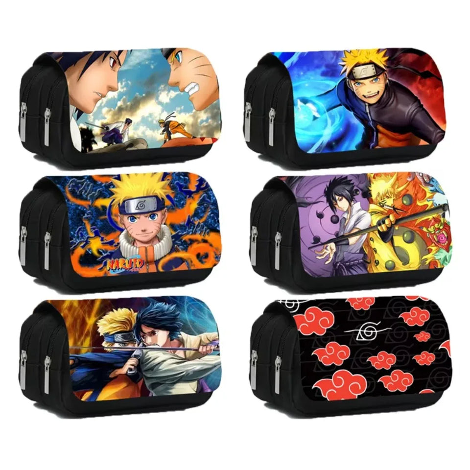 Anime Ninja Large Capacity Pencil Case - Double Zipper Canvas Pen Pouch Bag with Akatsuki Cloud & Shinobi Print - Back to School Stationeries Organizer & Cosmetic Travel Pouch for Students & Anime Fans
