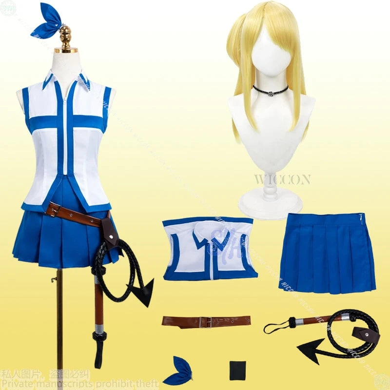 Fairy Tail Lucy Heartfilia Cosplay Costume Set - Sleeveless Top, Pleated Skirt, Belt, Whip Prop & Blonde Wig - Complete Anime Outfit for Conventions & Halloween
