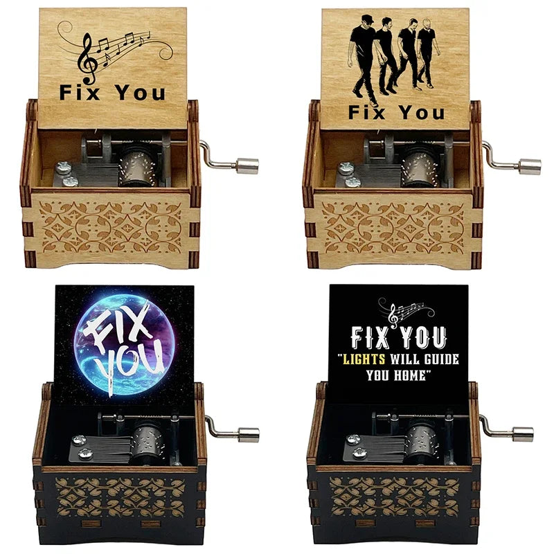 Classic Alternative Rock Hand-Crank Wooden Music Box - Fix You Laser Engraved Vintage Musical Toy - Retro Band Silhouette & Quote Lyric Musicbox - Nostalgic Music Lover Gift for Birthday & Desk Display