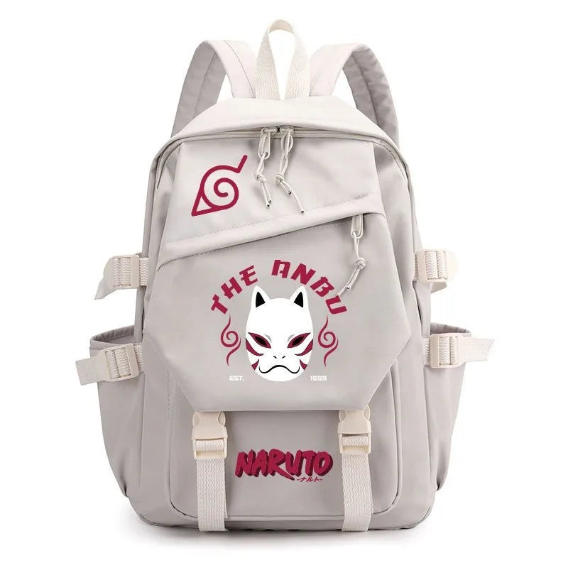 Anime Tactical Buckle Canvas Backpack - Leaf Village & Anbu Mask Graphic School Bookbag with Laptop Sleeve - Aesthetic Multi-Pocket Travel Rucksack for Students & Anime Fans