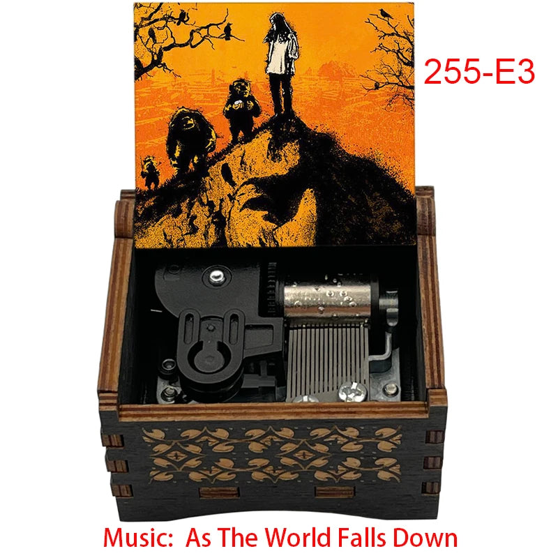 Classic Fantasy Ballad Wooden Music Box - Retro Hand Cranked Musical Gift with As The World Falls Down Quote - Romantic Laser Engraved Silhouette Keepsake for Anniversary, Birthday & Desk Decor