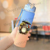 Cute Anime Forest Spirit Water Bottle - Premium Frosted Pastel Gradient Leakproof Drinkware - Kawaii Fantastic Creatures Flip-Top Sport Flask with Strap - Aesthetic Manga Fan Gift for School, Gym & Travel