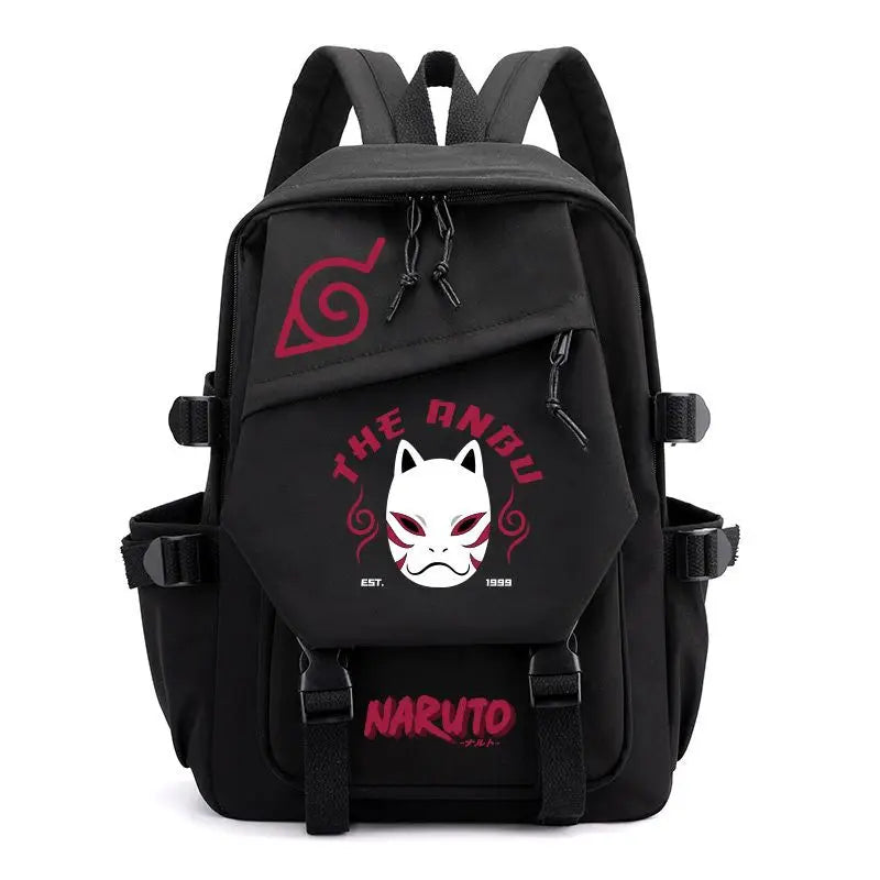Anime Tactical Buckle Canvas Backpack - Leaf Village & Anbu Mask Graphic School Bookbag with Laptop Sleeve - Aesthetic Multi-Pocket Travel Rucksack for Students & Anime Fans