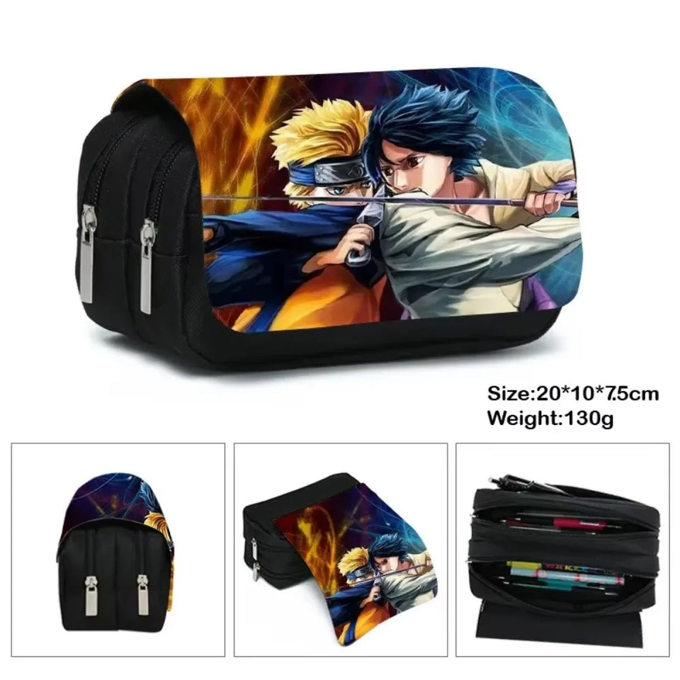 Anime Ninja Large Capacity Pencil Case - Double Zipper Canvas Pen Pouch Bag with Akatsuki Cloud & Shinobi Print - Back to School Stationeries Organizer & Cosmetic Travel Pouch for Students & Anime Fans