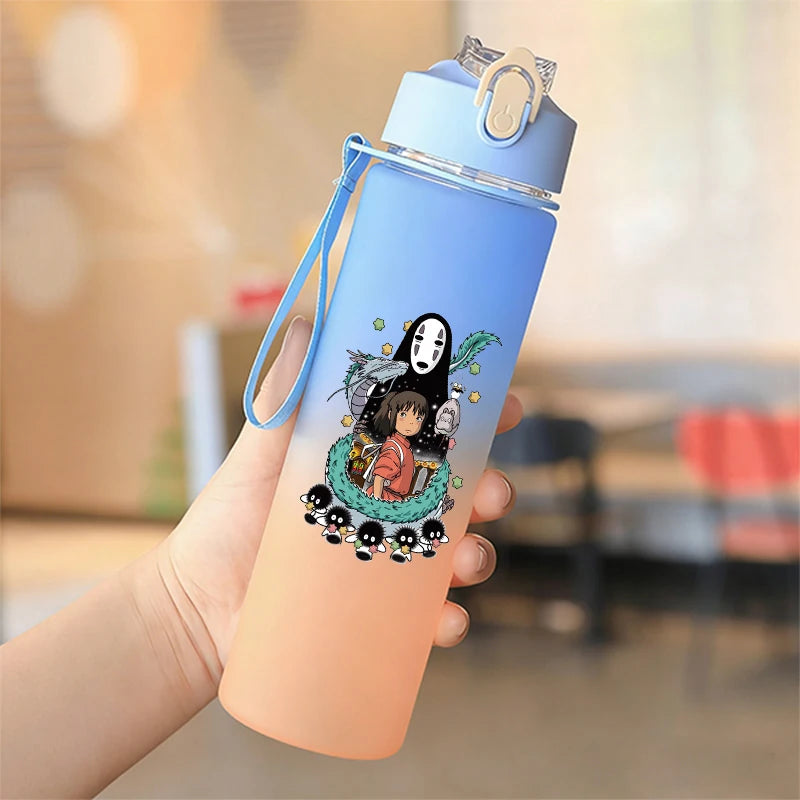 Cute Anime Forest Spirit Water Bottle - Premium Frosted Pastel Gradient Leakproof Drinkware - Kawaii Fantastic Creatures Flip-Top Sport Flask with Strap - Aesthetic Manga Fan Gift for School, Gym & Travel