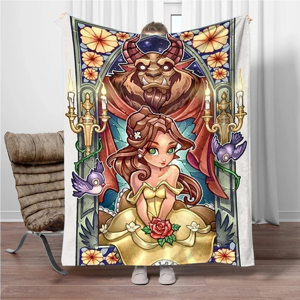Beauty and the Beast Stained Glass Throw Blanket - Enchanted Rose & Library Fleece - Ultra-Soft Disney Wedding Gift - Belle & Prince Adam Romantic Bedroom Decor - Tale as Old as Time Reversible Couch Cover