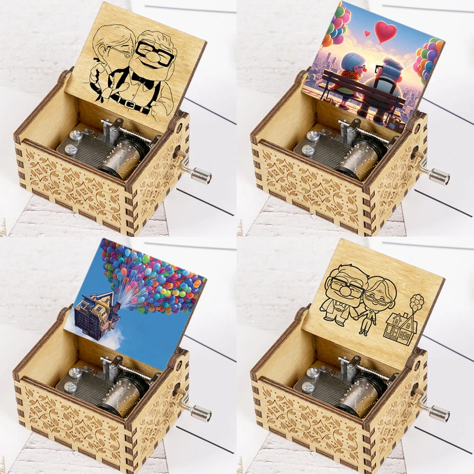 Disney-Pixar "Up" Hand-Crank Wooden Music Box - Married Life Theme Melody - Laser-Engraved Carl & Ellie Keepsake - Heartwarming Anniversary & Adventure Gift