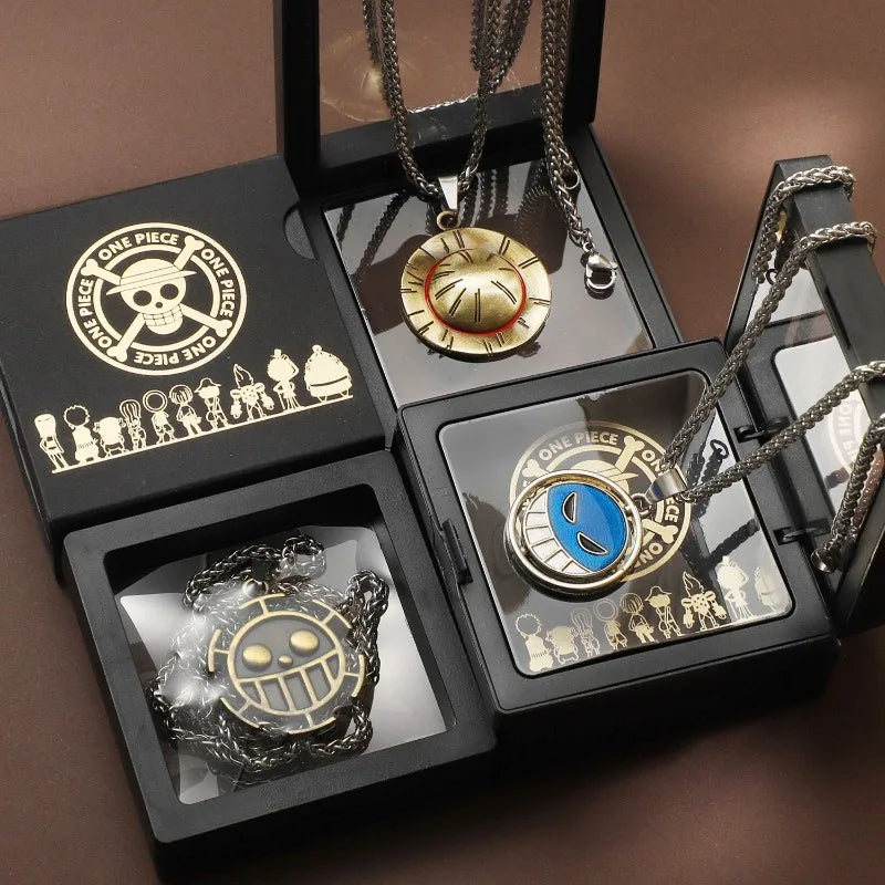 Anime Pirate Medallion Pendant Necklace Set - Vintage Straw Hat & Heart Jolly Roger Medals - Retro Blue Face Emblem Stainless Steel Chain Jewelry - Nostalgic Manga Fan Gift with Premium Display Box