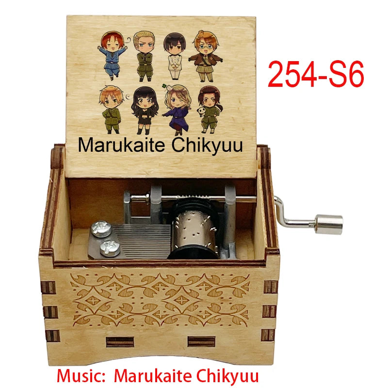 Anime Axis Powers Wooden Music Box - Vintage Hand-Crank Engraved Wooden Musical Toy - Retro Axis & Allies Character Art Print Musicbox - Collectible Nostalgic Fan Gift for Birthday & Room Display
