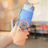Cute Anime Forest Spirit Water Bottle - Premium Frosted Pastel Gradient Leakproof Drinkware - Kawaii Fantastic Creatures Flip-Top Sport Flask with Strap - Aesthetic Manga Fan Gift for School, Gym & Travel