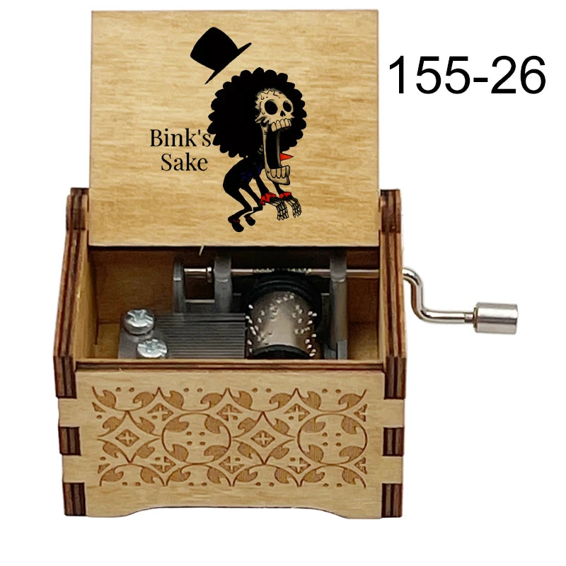 Anime Pirate Brook Wooden Music Box - Bink's Sake Engraved Hand-Crank Musical Toy - Retro Soul King Laser Etched Musicbox - Collectible Nostalgic Fan Gift for Birthday & Room Display