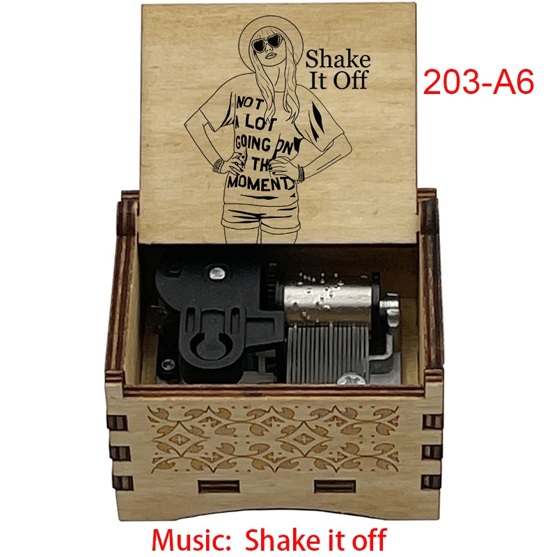 "Shake It Off" Hand-Crank Wooden Music Box - Taylor Swift Inspired Fan Souvenir - Laser-Engraved Pop Icon Silhouette & Lyric - Unique Musical Keepsake Gift