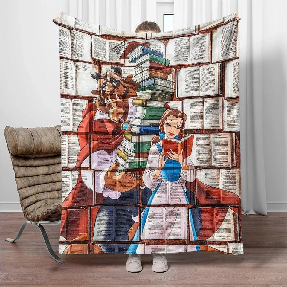 Beauty and the Beast Stained Glass Throw Blanket - Enchanted Rose & Library Fleece - Ultra-Soft Disney Wedding Gift - Belle & Prince Adam Romantic Bedroom Decor - Tale as Old as Time Reversible Couch Cover