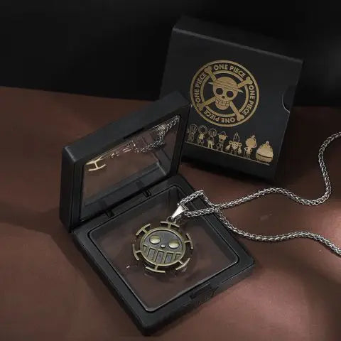 Anime Pirate Medallion Pendant Necklace Set - Vintage Straw Hat & Heart Jolly Roger Medals - Retro Blue Face Emblem Stainless Steel Chain Jewelry - Nostalgic Manga Fan Gift with Premium Display Box