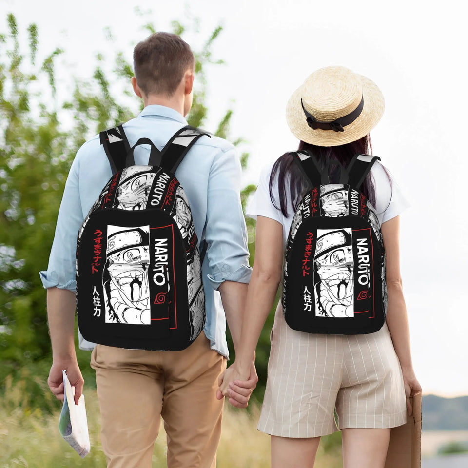 Anime Manga Panel Graphic School Backpack - Japanese Calligraphy Canvas Bookbag with Laptop Sleeve - Back to School Daypack & Travel Rucksack for Students & Anime Fans
