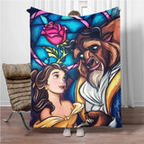 Beauty and the Beast Stained Glass Throw Blanket - Enchanted Rose & Library Fleece - Ultra-Soft Disney Wedding Gift - Belle & Prince Adam Romantic Bedroom Decor - Tale as Old as Time Reversible Couch Cover