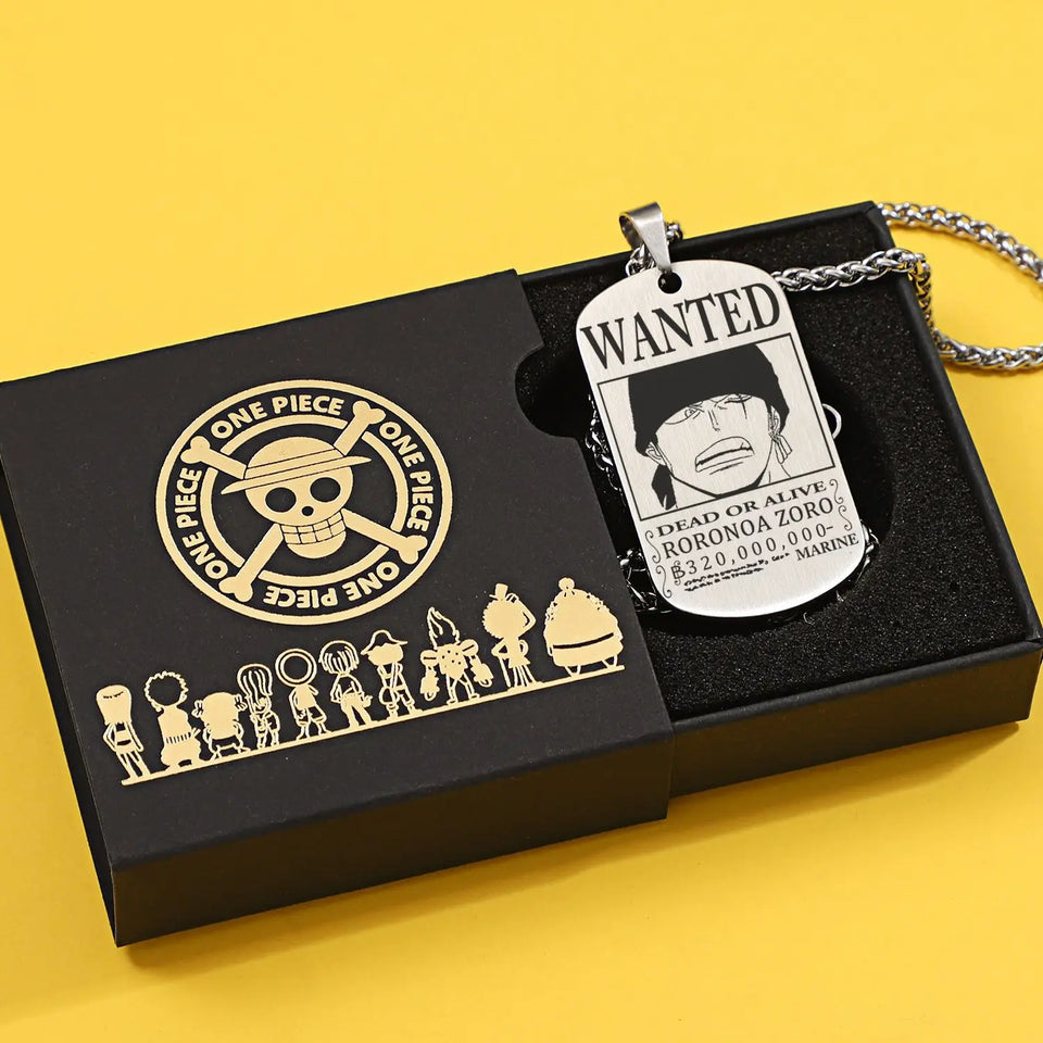 Anime Pirate Bounty Dog Tag Necklace - Vintage Monkey D Luffy Wanted Poster Pendant - Stainless Steel Braided Wheat Chain Jewelry - Nostalgic Manga Fan Gift with Premium Display Box