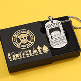 Anime Pirate Bounty Dog Tag Necklace - Vintage Monkey D Luffy Wanted Poster Pendant - Stainless Steel Braided Wheat Chain Jewelry - Nostalgic Manga Fan Gift with Premium Display Box
