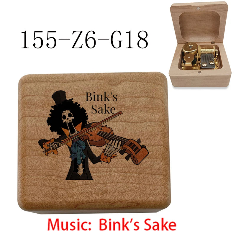 Anime Pirate Brook Wooden Music Box - Bink's Sake Engraved Hand-Crank Musical Toy - Retro Soul King Laser Etched Musicbox - Collectible Nostalgic Fan Gift for Birthday & Room Display