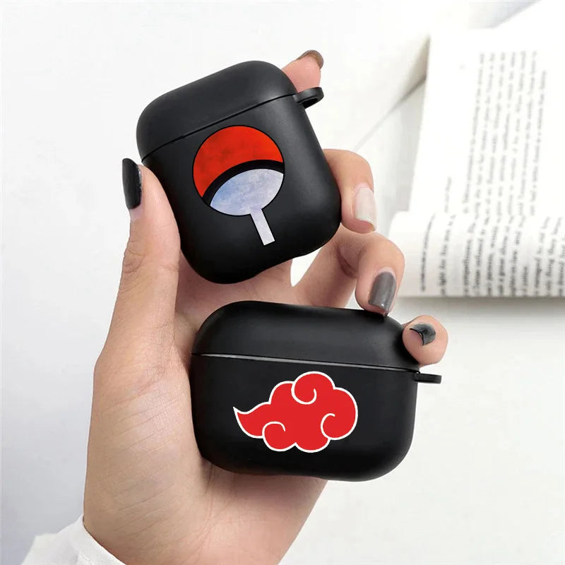 Anime Ninja Protective Silicone Case Cover for AirPods Pro / 1 & 2 / 3 - Shockproof Earphone Case with Carabiner Clip Featuring Akatsuki Cloud, Uchiha Crest & Rinnegan Seals - Gift for Anime Fans & Gamers