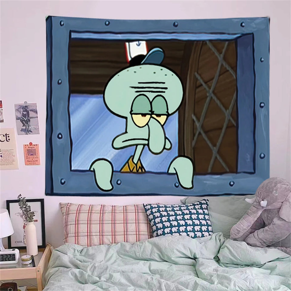 Squidward Looking Out Window Wall Tapestry - Iconic SpongeBob Meme Home Decor - Premium Fabric Bedroom Hanging - Funny Bikini Bottom Aesthetic Art for Game Rooms & Dorms