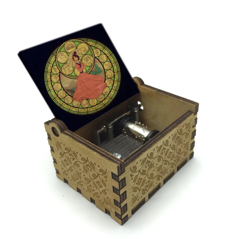 Legendary Warrior Princess Engraved Wooden Music Box - Retro Hand Cranked Musical Box with Reflection Song Theme - Nostalgic Asian Folklore Fan Keepsake Gift for Birthday, Room & Desk Decor