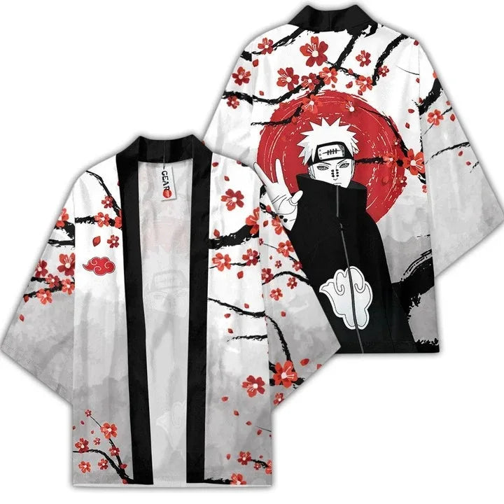 Anime Kimono Haori Cardigan Cloak - Akatsuki Red Cloud Printing Open Front Robe - Gaara Jiraiya Uchiha Unisex Graphic Yukata Jacket - Casual Streetwear Ninja Cosplay Cape Outwear