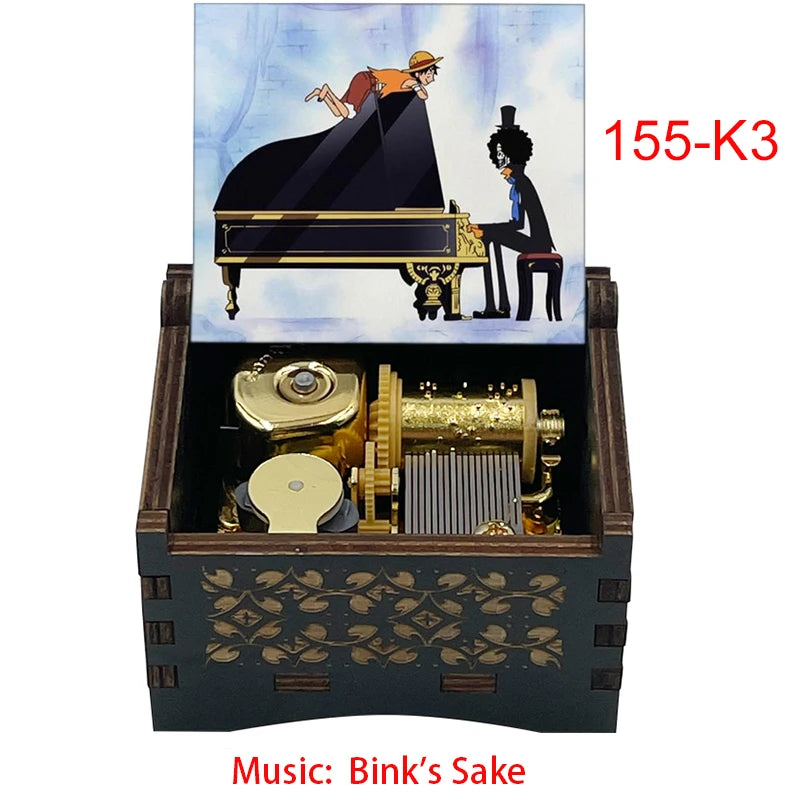 Anime Pirate Brook Wooden Music Box - Bink's Sake Engraved Hand-Crank Musical Toy - Retro Soul King Laser Etched Musicbox - Collectible Nostalgic Fan Gift for Birthday & Room Display