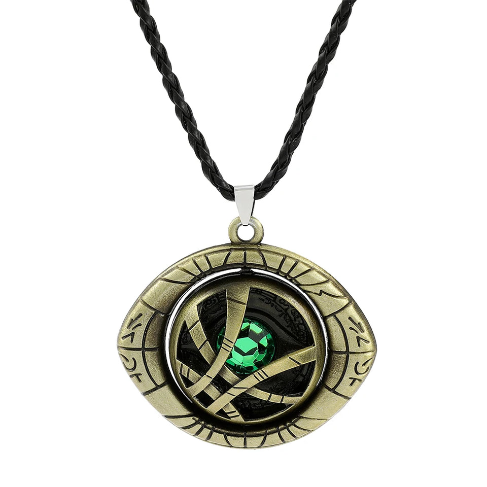 Doctor Strange Eye of Agamotto Pendant Necklace - Antique Brass Mystic Amulet with Green Time Stone Gem - Marvel Superhero Cosplay Prop Jewelry & Gift for Comic Fans