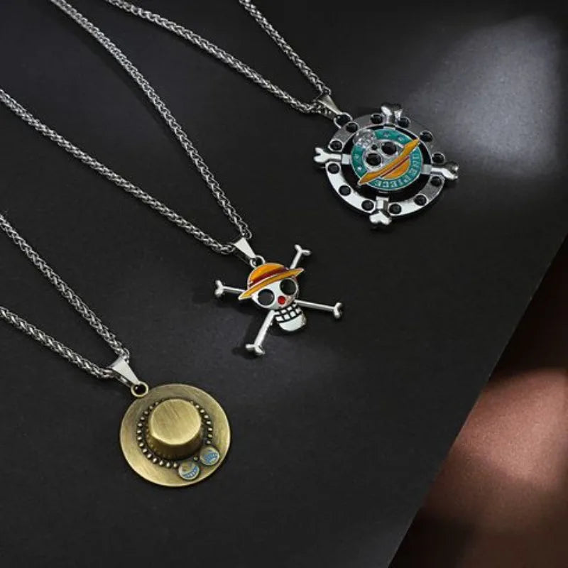 Anime Pirate Medallion Pendant Necklace Set - Vintage Straw Hat & Heart Jolly Roger Medals - Retro Blue Face Emblem Stainless Steel Chain Jewelry - Nostalgic Manga Fan Gift with Premium Display Box