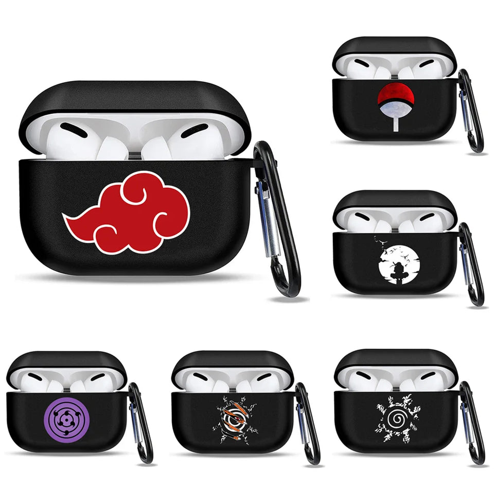 Anime Ninja Protective Silicone Case Cover for AirPods Pro / 1 & 2 / 3 - Shockproof Earphone Case with Carabiner Clip Featuring Akatsuki Cloud, Uchiha Crest & Rinnegan Seals - Gift for Anime Fans & Gamers