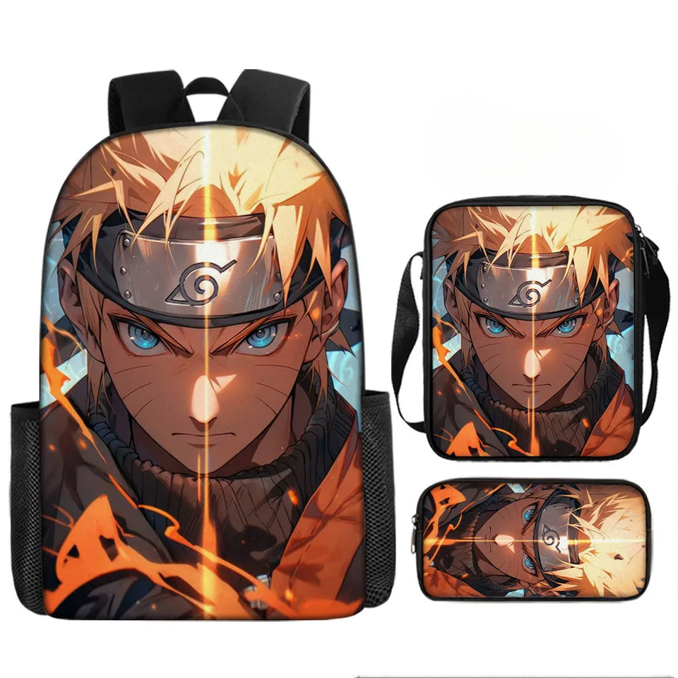 Naruto Tactical Ninja Graphic 3-Piece Backpack Set - Anime Laptop Bookbag with Matching Crossbody Lunch Bag & Pencil Case - 3-in-1 School Set for Students & Anime Fans