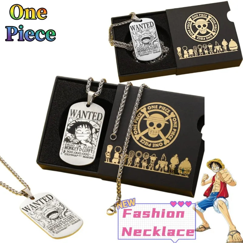 Anime Pirate Bounty Dog Tag Necklace - Vintage Monkey D Luffy Wanted Poster Pendant - Stainless Steel Braided Wheat Chain Jewelry - Nostalgic Manga Fan Gift with Premium Display Box