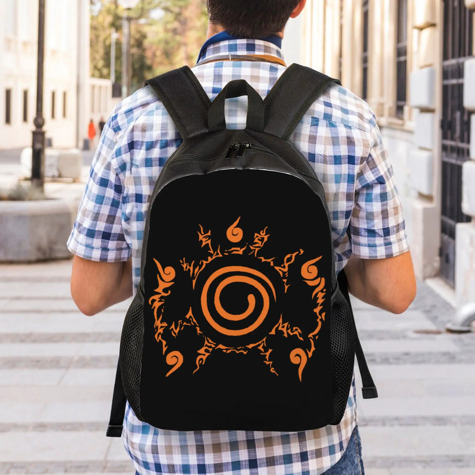 Naruto Eight Trigrams Sealing Emblem Backpack - Minimalist Nine-Tails Seal Symbol Canvas Bookbag - Black Anime Laptop Daypack for Students, Travel & Cosplay