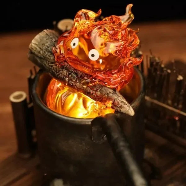 Calcifer Fire Demon LED Night Light - Translucent Calcifer Glowing Desk Lamp - Retro Moving Castle Fire Spirit Resin Statue - Cozy Ambient Bedside Ornament & Novelty Fan Gift