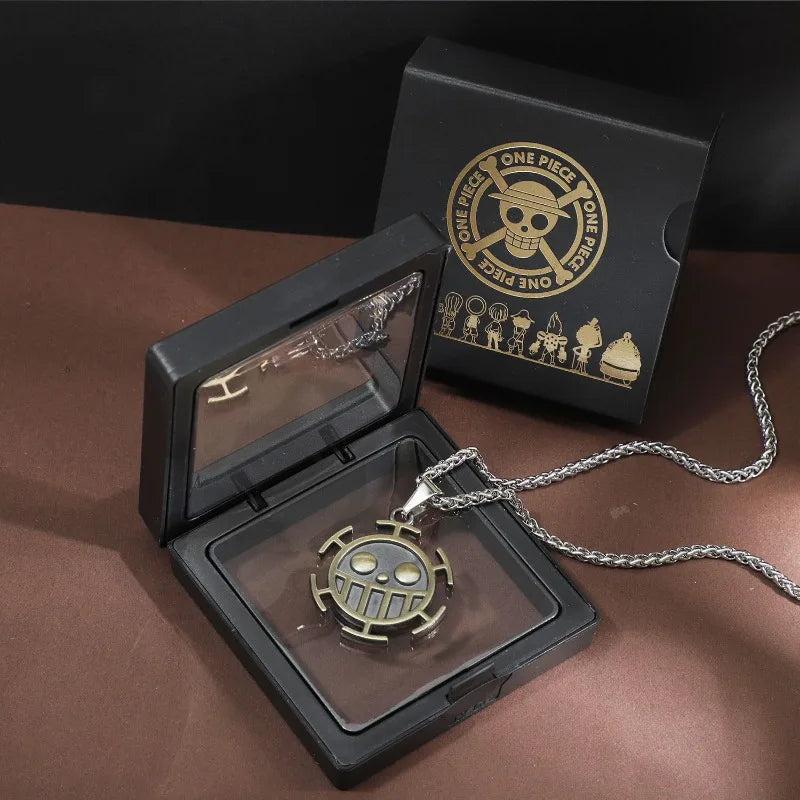 Anime Pirate Medallion Pendant Necklace Set - Vintage Straw Hat & Heart Jolly Roger Medals - Retro Blue Face Emblem Stainless Steel Chain Jewelry - Nostalgic Manga Fan Gift with Premium Display Box